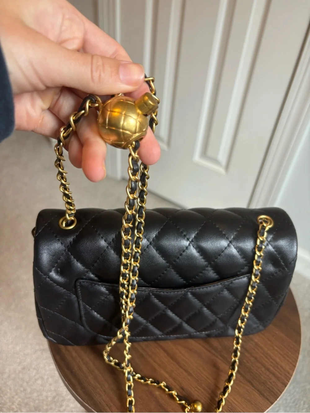 Black Quilted Chain Shoulder Bag with Gold Hardware
